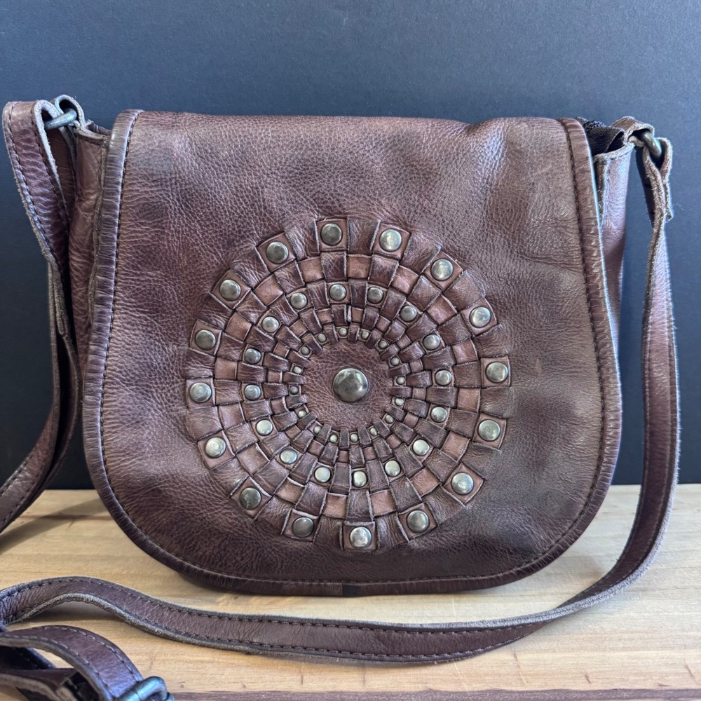 Vintage Y2K Boho Festival dark brown leather crossbody bag Woven circle pattern